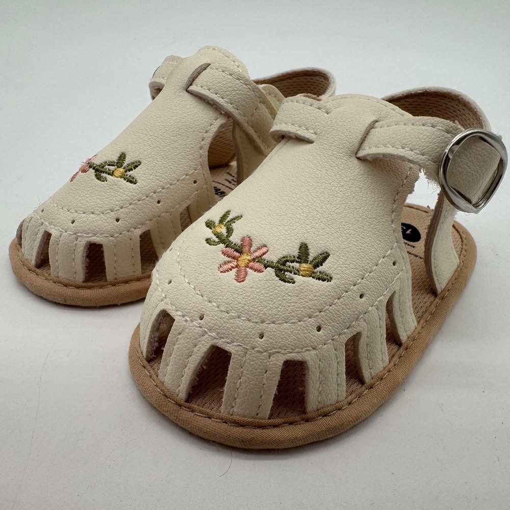 Baby Girls Floral Embroidered Soft Sole Sandals Cream Size 5